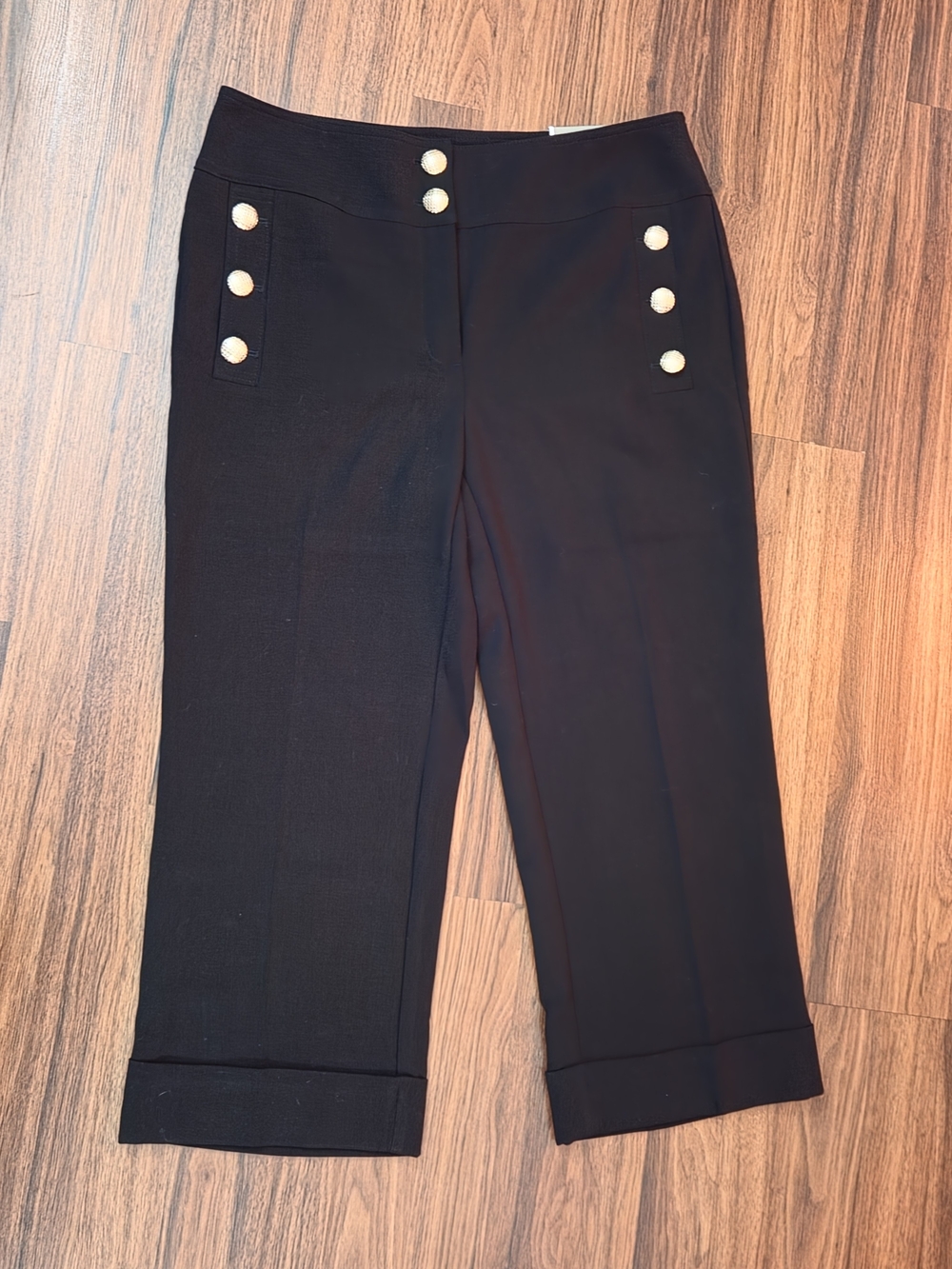Chico's Black Cropped Sailor-Style Pants with Gold Buttons